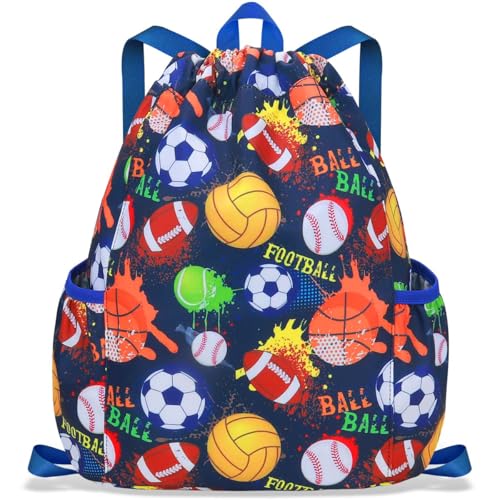 RHCPFOVR Drawstring Backpack for Kids - Football Bags for Girls Mini Gym Dance Beach Swim Travel Bag With Two Water Bottle Holder - color: Football