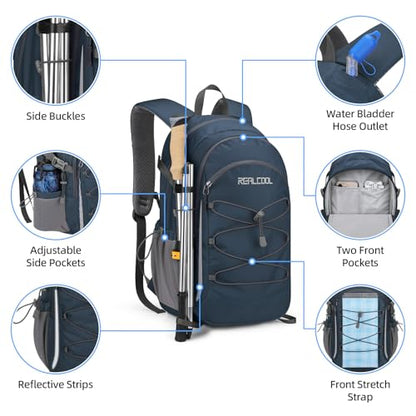 RealCool 30L Lightweight Hiking Backpack, Waterproof Daypack for Camping | 210D tear-resistant nylon, breathable shoulder and back panel, Multi-Compartment,hydration system,reflective strip,bungee net - color: Blue, size: 30L