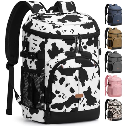 Pritent Cooler Backpack for Men Women Insulated Waterproof Backpack Cooler Leak Proof Cooler Bag Lightweight Lunch Backpack for Camping Beach Travel Picnic - color: Cow Print, size: 30 Cans