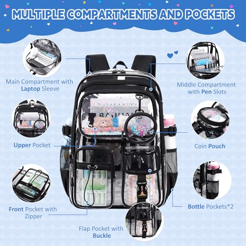 Clear Backpacks for Stadium Events Heavy Duty Clear Bookbag for School Girls Transparent Back Pack - color: Black