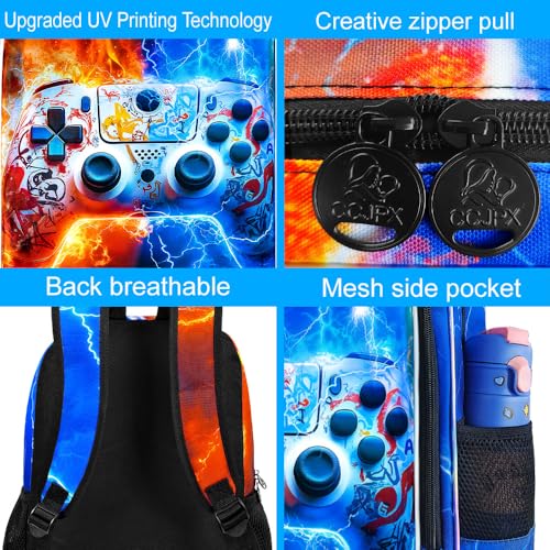 AGSDON 3PCS Game Console Backpack for Boys, 17" Kids Bookbag with Lunch Box for Boy, Flame Thunder Backpacks Water Resistant and Lightweight for Teen - color: Game