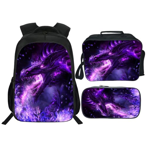 Kids Backpack School Bookbag 16inch Schoolbag With Lunch Box Bag And Pencil Case Set For Boys Girls - color: Dragon
