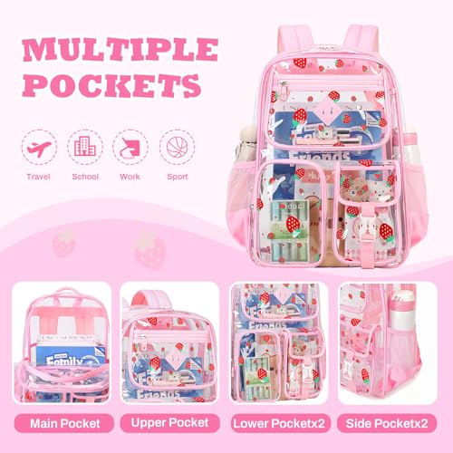 PIG PIG GIRL Clear Backpack for School,Heavy Duty PVC Transparent Bookbag for Girls Stadium Approved See Through Backpack - color: Pink Strawberry