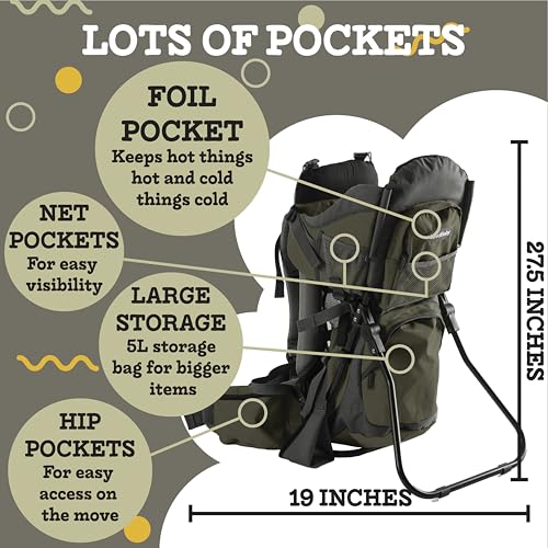 Hiking Baby Carrier Backpack - Comfortable Toddler/Baby Backpack Carrier System with Diaper Change Pad, Insulated Pocket + Rain and Sun Hood to Protect Your Child - color: ArmyGreen/Grey