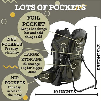 Hiking Baby Carrier Backpack - Comfortable Toddler/Baby Backpack Carrier System with Diaper Change Pad, Insulated Pocket + Rain and Sun Hood to Protect Your Child - color: ArmyGreen/Grey