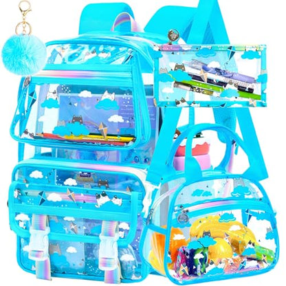 KLFVB Clear Backpack Heavy Duty, 3PCS Girls See Through School Bag Set, Cute Transparent Bookbag for Women - Cloud Cat Blue - color: Cloud Cat Blue Clear Backpack