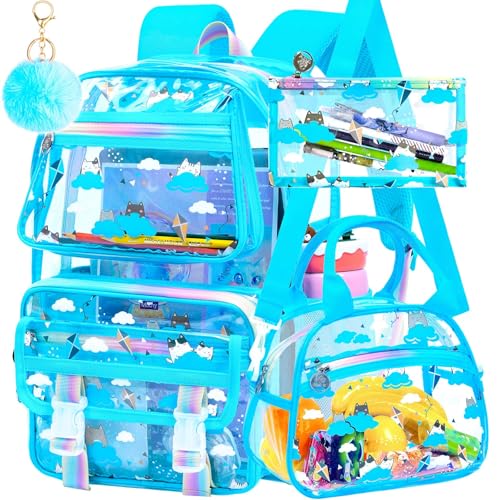 KLFVB Clear Backpack Heavy Duty, 3PCS Girls See Through School Bag Set, Cute Transparent Bookbag for Women - Cloud Cat Blue - color: Cloud Cat Blue Clear Backpack