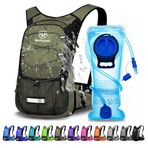 Mothybot Hydration Pack, Insulated Hydration Backpack with 2L BPA Free Water Bladder and Storage, Hiking Backpack for Men, Women, Kids for Running, Cycling, Camping - Keep Liquid Cool up to 5 Hours - color: Olive
