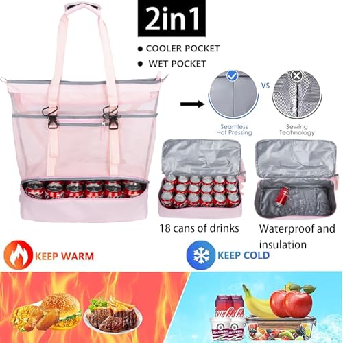Mesh Beach Bag with Cooler Large Travel Family Vacation Essentials Pool Swimming Zipper Pocket Durable 9 Pockets - color: Pink