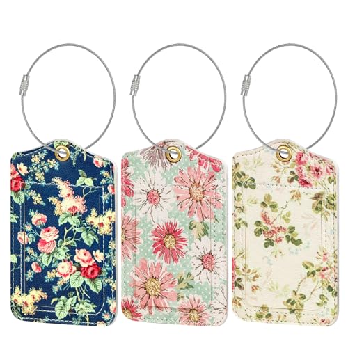 Fishent Luggage Tag, 3 Pack Travel Cruise Luggage Tags for Suitcases, Cute Suitcase Tags Identifiers Bag Tags with Privacy Flap, Baggage Name Tag for Women Men Luggage Backpack Handbag School Bag - color: N_flowers Pattern