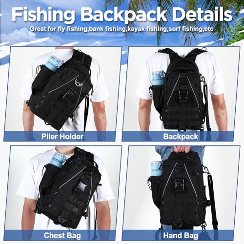 RoundFunny 85 Pcs Fishing Backpack with Tackle Boxes, Tackle Sling Bag with Rod Holder, Fish Lures and Pliers, Fish Tools Gears & Equipment Father's Day Fishing Gift for Dad Men - color: Black