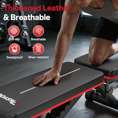 PASYOU Adjustable Weight Bench, 660LB Capacity Foldable Workout Bench, Incline Flat Bench Press for Home Gym, Dual-Frame Strength Training Bench, No Assembly Required, Wider Seat - color: Red