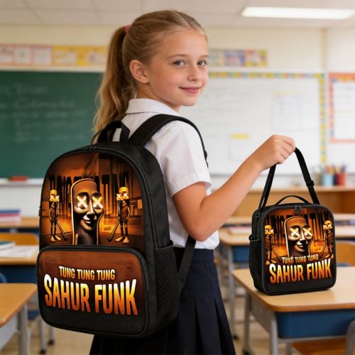 Zhazieon Adjustable Rucksack Lunch Bag Pencil Case Tung Tung Tung Sahur Backpacks 3pcs Set(Black-A3) - color: Black-a3