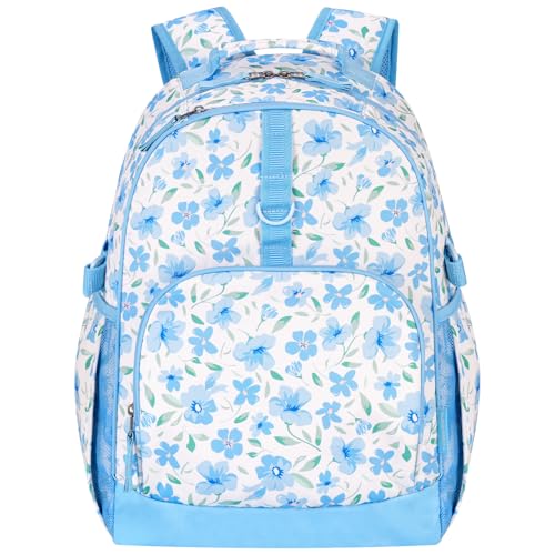 Choco Mocha Kids Backpack for Girls Floral Backpack Kids Elementary School Backpack for Girls Ages 6-8 Kid Bookbag 17 Inch with Chest Strap, Blue - color: Floral Blue