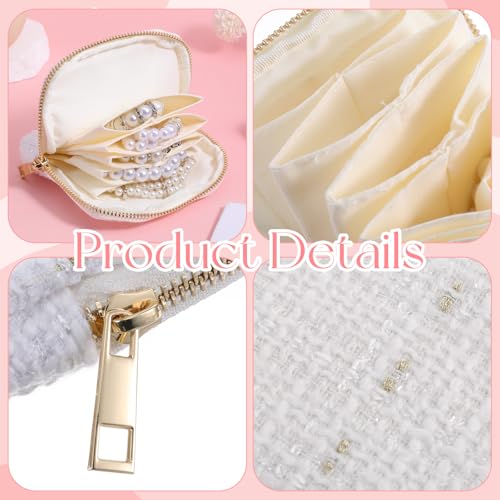 Travel Jewelry Case Organizer, Multi Compartment Design Jewelry Pouch with Zipper, Portable Soft Velvet Bag with Pouches for Storage Bracelet Rings Earring Beaded necklace, Wedding Gifts White