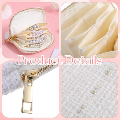 Travel Jewelry Case Organizer, Multi Compartment Design Jewelry Pouch with Zipper, Portable Soft Velvet Bag with Pouches for Storage Bracelet Rings Earring Beaded necklace, Wedding Gifts White