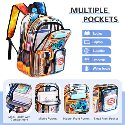 DIGOBAY 3PCS Cool Luminous Clear Backpack for Boys Kids, Gamer Clear Bookbag for School, See Through PVC Transparent Backpacks with Lunch Bag Pencil Case, Backpack Heavy Duty for School Stadium - color: Red-blue Flame
