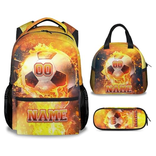 School Bag Set for Boys, Personalized Soccer Backpack for Kids Girls, Custom Book Bag with Name, 17 Inch Sport Theme Bookbag with Lunch Box and Pencil Case - color: Color-2