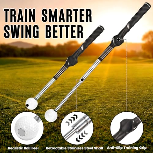 5-in-1 Golf Swing Trainer for Right-Handed Golfers with Click Feedback, Retractable Training Aid, Grip Trainer & Arm Band, Improve Tempo & Swing Path, Indoor Outdoor Practice - color: Black