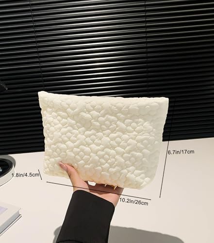 Puffy Quilted Makeup Bag, Cosmetic Travel Pouch, White Flowers - color: White Flower