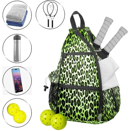 Pickleball Bag for Women & Men – Lightweight Sports Backpack with Paddle Compartments, Dual Carry Modes, Detachable Zippered Strap, Brown Leopard, Great Gift Option for Players - color: Green Leopard