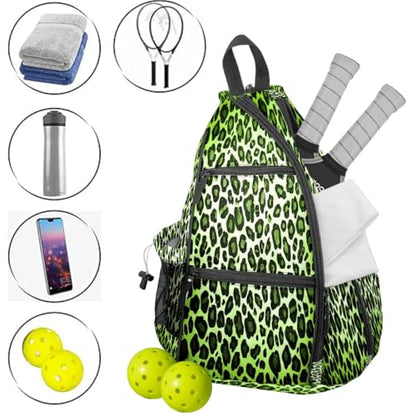 Pickleball Bag for Women & Men – Lightweight Sports Backpack with Paddle Compartments, Dual Carry Modes, Detachable Zippered Strap, Brown Leopard, Great Gift Option for Players - color: Green Leopard