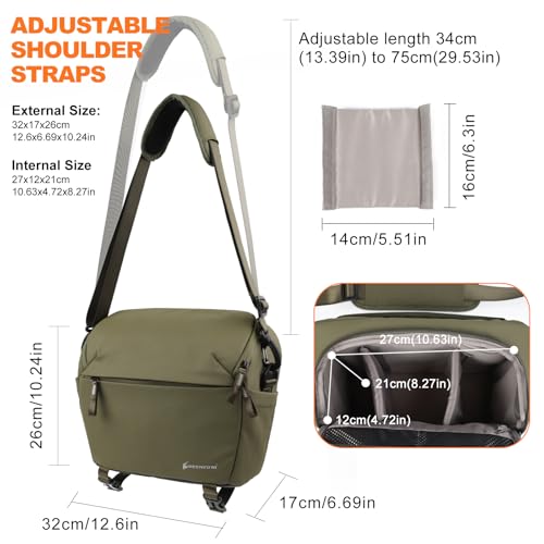 Besnfoto Camera Bag Crossbody Waterproof Sling Purse Case Small Photography Shoulder Messenger Bag Backpack with Tripod Holder for DSLR SLR Mirrorless Camera - color: Green