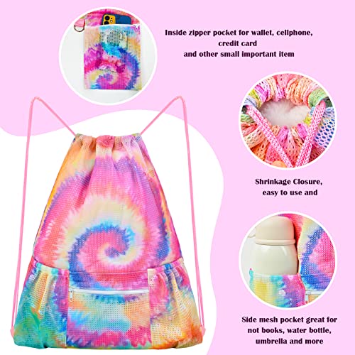 Fiodrimy Mesh Drawstring Backpack Bag Beach Bag with Zipper Pocket Gym Backpack Bag for Swimming Gear Gym Storage Bag for Adult Kids (Tie Dye) - color: Tie Dye