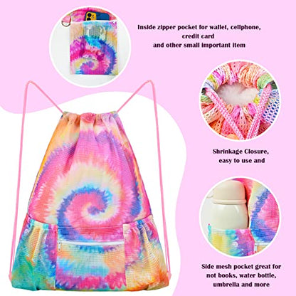 Fiodrimy Mesh Drawstring Backpack Bag Beach Bag with Zipper Pocket Gym Backpack Bag for Swimming Gear Gym Storage Bag for Adult Kids (Tie Dye) - color: Tie Dye