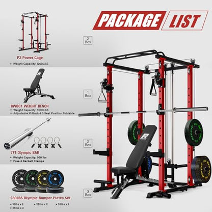 RitFit Multi-Function Garage & Home Gym Package Includes 1200LBS Power Cage PPC03/P3 with Cable Crossover System, Weight Bench, Olympic Barbell Weight Set, Full Body Workout - color: Red, style: Package 1.7K (with FBP 230lbs Plates)