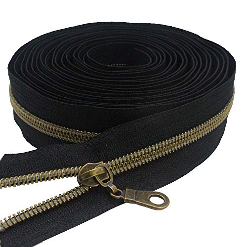 MebuZip #5 Antique Brass Metallic Nylon Coil Zippers by The Yard Bulk Coil Zipper Roll 10 Yards with 25pcs Pulls for DIY Sewing Craft Bags (Black) - color: Antique Brass Black