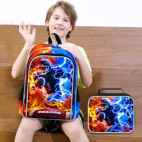 AGSDON 3PCS Boys Backpack for Boys, 17" Kids Bookbag with Lunch Box for Boy,Rugby Flame Thunder Backpacks Water Resistant and Lightweight for Teen - color: Rugby 01