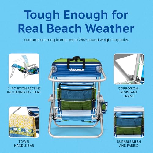 Homevative Cooler+ Folding Backpack Beach Chair with 5 Positions, Towel bar, XL Cooler Pouch, Storage Net, Cup and Phone Holder, Deep Sea, 2 Pack - color: Deep Sea