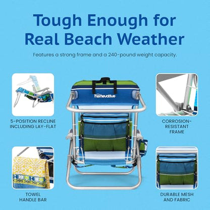 Homevative Cooler+ Folding Backpack Beach Chair with 5 Positions, Towel bar, XL Cooler Pouch, Storage Net, Cup and Phone Holder, Deep Sea, 2 Pack - color: Deep Sea