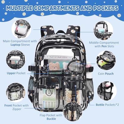 Clear Backpacks for Stadium Events Heavy Duty Clear Bookbag for School Girls Transparent Back Pack, Black - color: Black Daisy