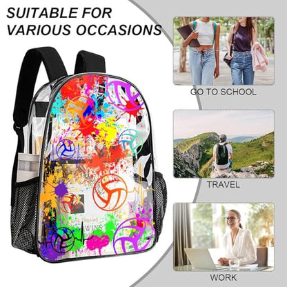 Volleyball Clear Backpack Heavy Duty for Girls Kids Boys Women | Large Cool PVC Volleyball Theme Printing Transparent Backpacks for Schools Stadium Concerts Work - Clear/Black - color: Volleyball Clear Backpack 1 Black