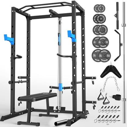 ULTRA FUEGO Power Cage, Multi-Functional Power Rack with J-Hooks, Dip Handles, Landmine Attachment and Optional Cable Pulley System for Home Gym - size: 240LB Weights Package+Flat Bench
