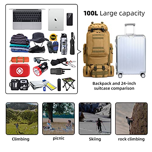 100L Camping Hiking Backpack,Molle military Tactical rucksack backpack,Waterproof Lightweight Hiking Backpack - color: Khaki