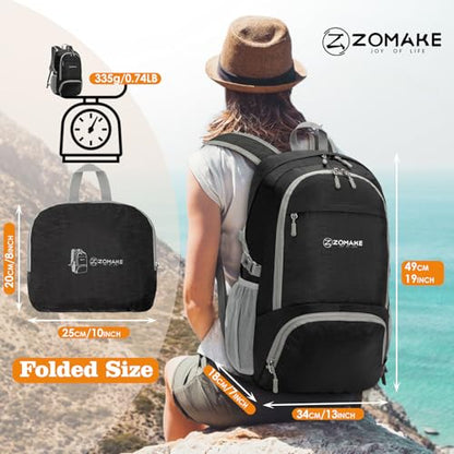 ZOMAKE Lightweight Packable Backpack 30L, Foldable Travel Hiking Daypack - color: A-pure Black