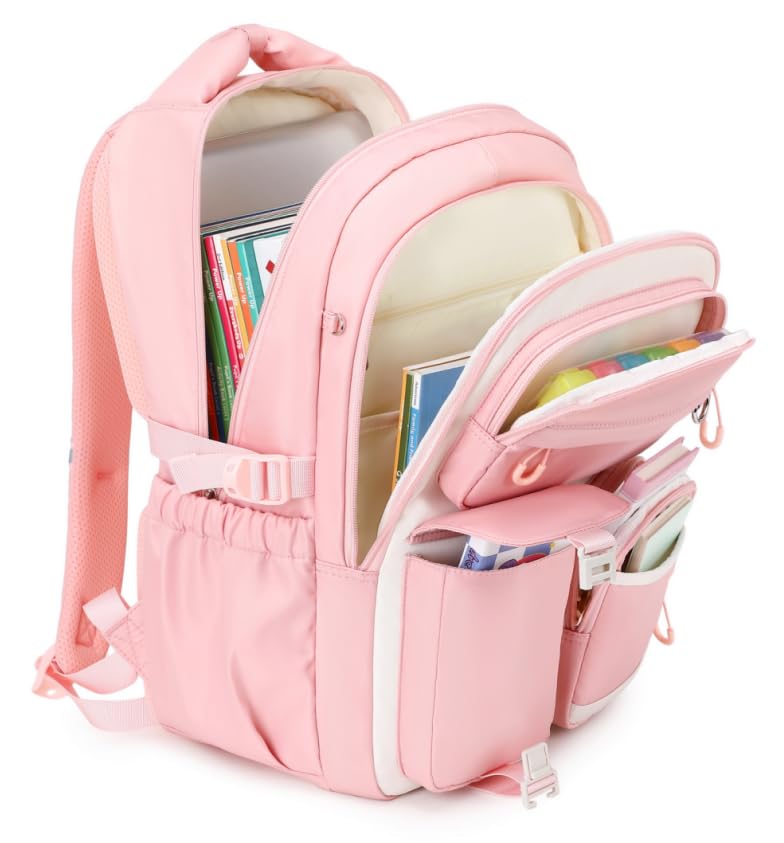 MUSEVOS Kids Backpack for Girls Aged 6-14, Kindergarten Elementary Middle School Backpack, Cute Bookbag Multi-Compartment, Water-resistant - color: Pink-white