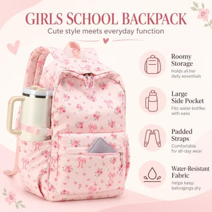 LOIDOU Girls Backpack for Kids Cute School Bookbag - color: Flower Bow, size: L-17"