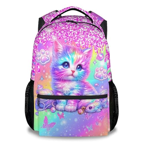 Cat Backpack for Girls Kids Schoolbag with Pocket - Animal Bookbag with Cat Print for Granddaughter Elementary Middle School Students (17 Inch) - color: Dark Pink