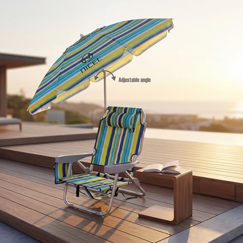 Nice C Beach Chair with Umbrella, Backpack Stripe Beach Chair for Adults, Sand Chair, High Back Lake Chairs, Sillas De Playa with Cooler, Cup Holder & Heavy Duty (Set of 1)