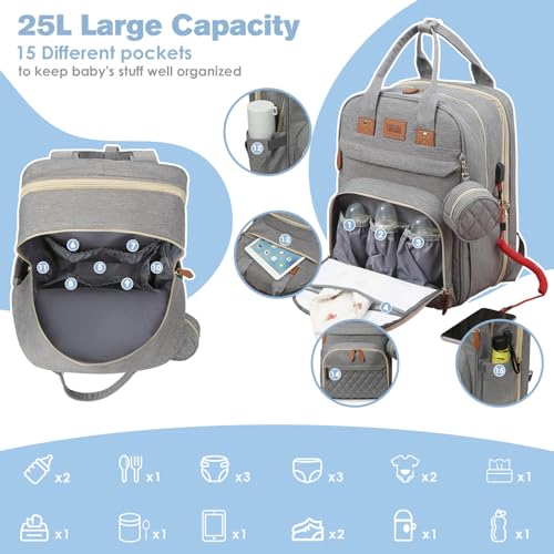 JSTPRO Diaper Bag Backpack, Large Diaper Bag with Changing Station, Baby Bag, New Mom Gifts, Lightweight Waterproof Unisex Diaper Bag with Insulated Pockets and USB Charging Port, Grey - color: Grey