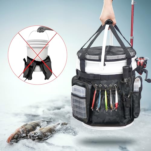 Fishing Bucket Organizer with Bucket Cover Fishing Tackle Bag with Rod & Plier Holder, Multi-Pockets for 5 Gallon Bucket Fishing Gear & Accessories Father Gifts - color: Camouflage