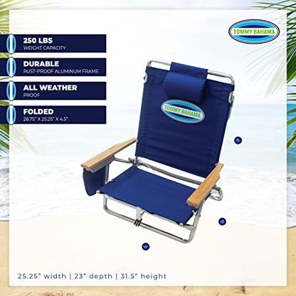 Tommy Bahama 5-Position Classic Lay Flat Folding Backpack Beach Chair, Polyester, Navy - color: Navy, size: 1-Pack