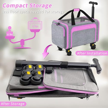 Rolling Pet Carrier with Detachable Wheels - 18x11x11 TSA Airline Approved for Southwest Delta United American, Soft Sided Expandable Travel Bag for Small Dogs & Cats up to 15Lbs, Fits Under Seat - color: Pink