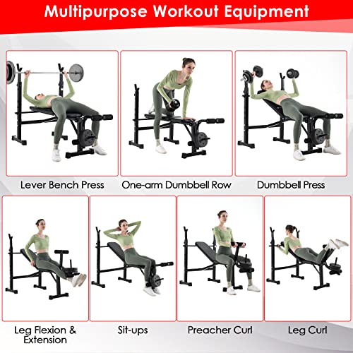 Goplus Adjustable Olympic Weight Bench Barbell Rack Set, Foldable Workout Bench Press Set with Leg Developer, Squat Rack, Home Gym Flat Incline Decline Weight Lifting Strength Training