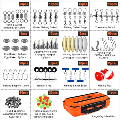 PLUSINNO 253/387pcs Fishing Gear Accessories Kit, Fishing Tackle Box with Tackle Included, Fishing Hooks, Fishing Weights Sinkers, Spinner Blade, Fishing Equipment for Bass Trout Bluegill Crappie - color: 253pcs Fishing Accessories Kit