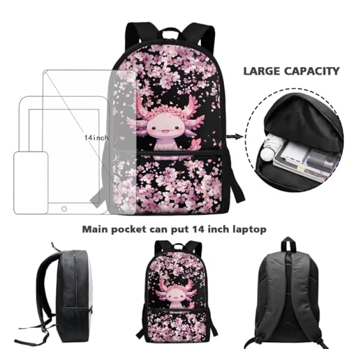 ZOUTAIRONG Casual Backpack and Small Water Bottle Cherry Blossom Axolotl School Bags for Girls 7-10/10-12/12-16, Large Capacity Lightweight Bookbag with Side Pockets - color: Cherry Blossom Axolotl